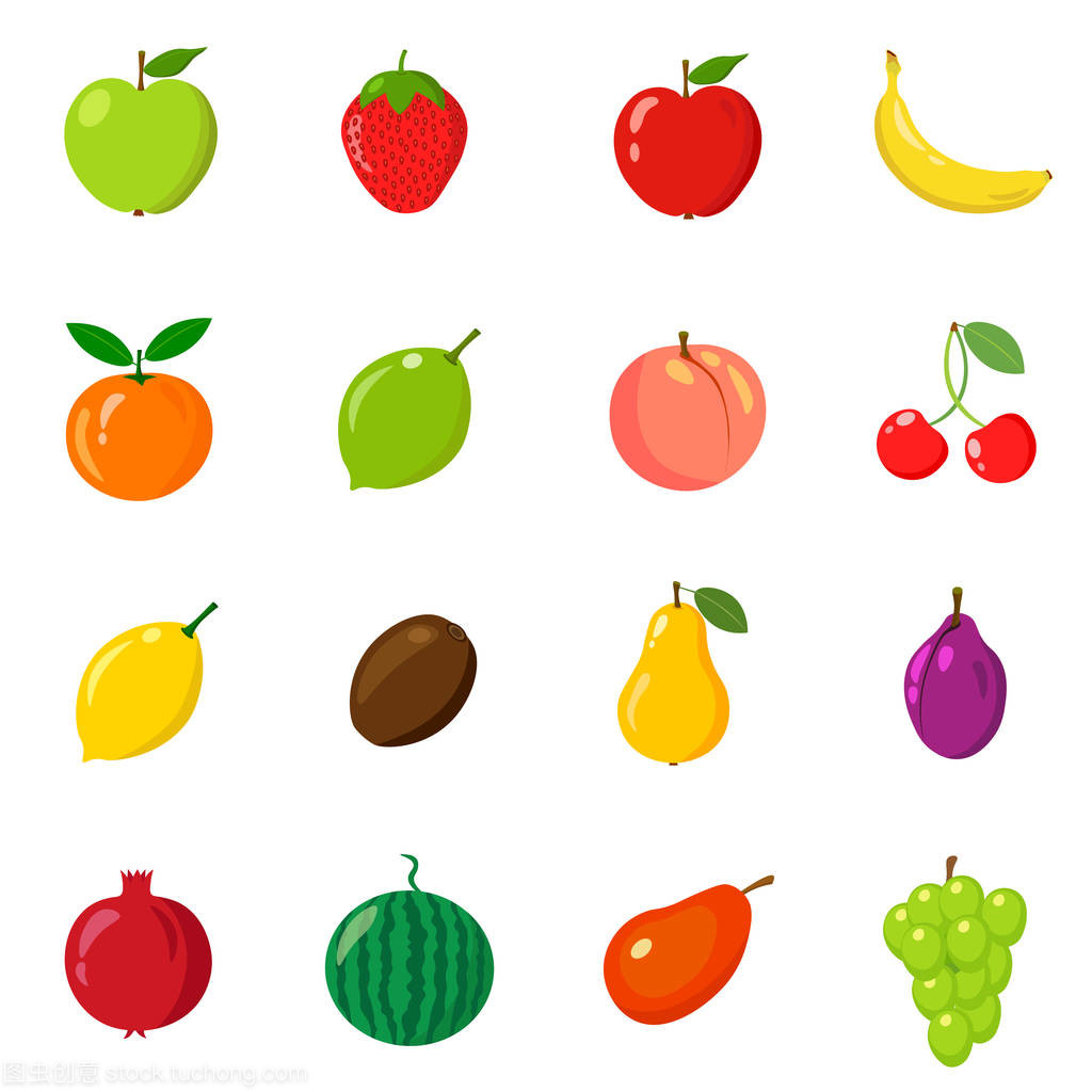 组的水果在不同的风格。线,平面,卡通。白色背景。矢量图